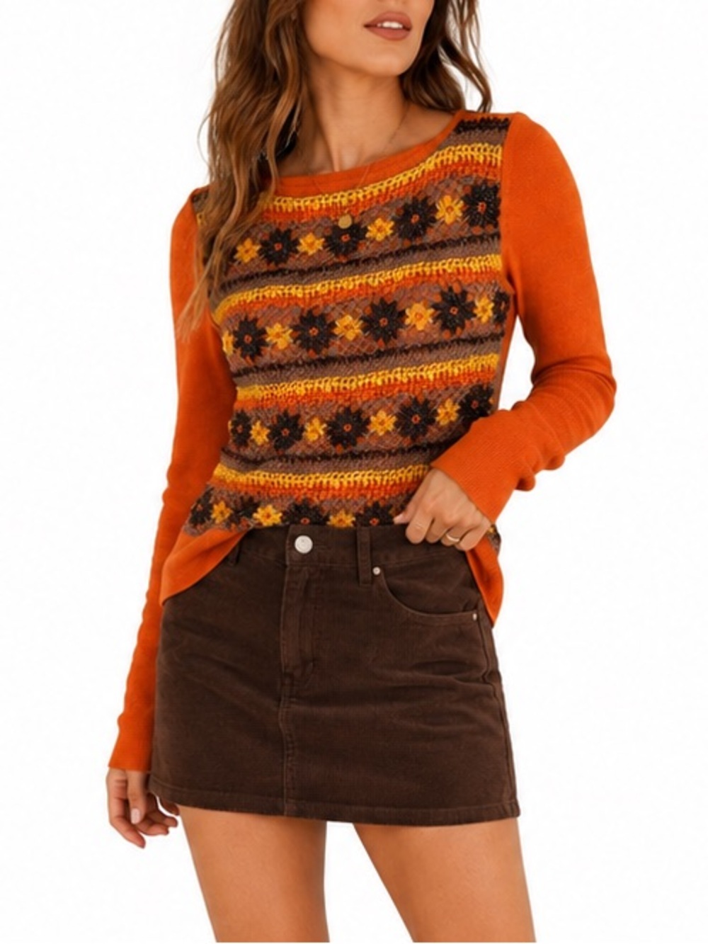 Mondisata Orange Floral Crochet Wool Sweater 70s Boho Grannycore Retro